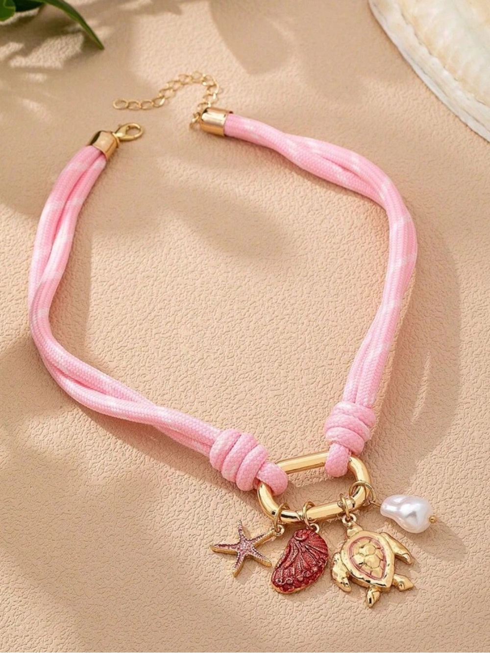 Pink Cord Necklace with Gold Nautical Charms R711 - Picture 1 of 2
